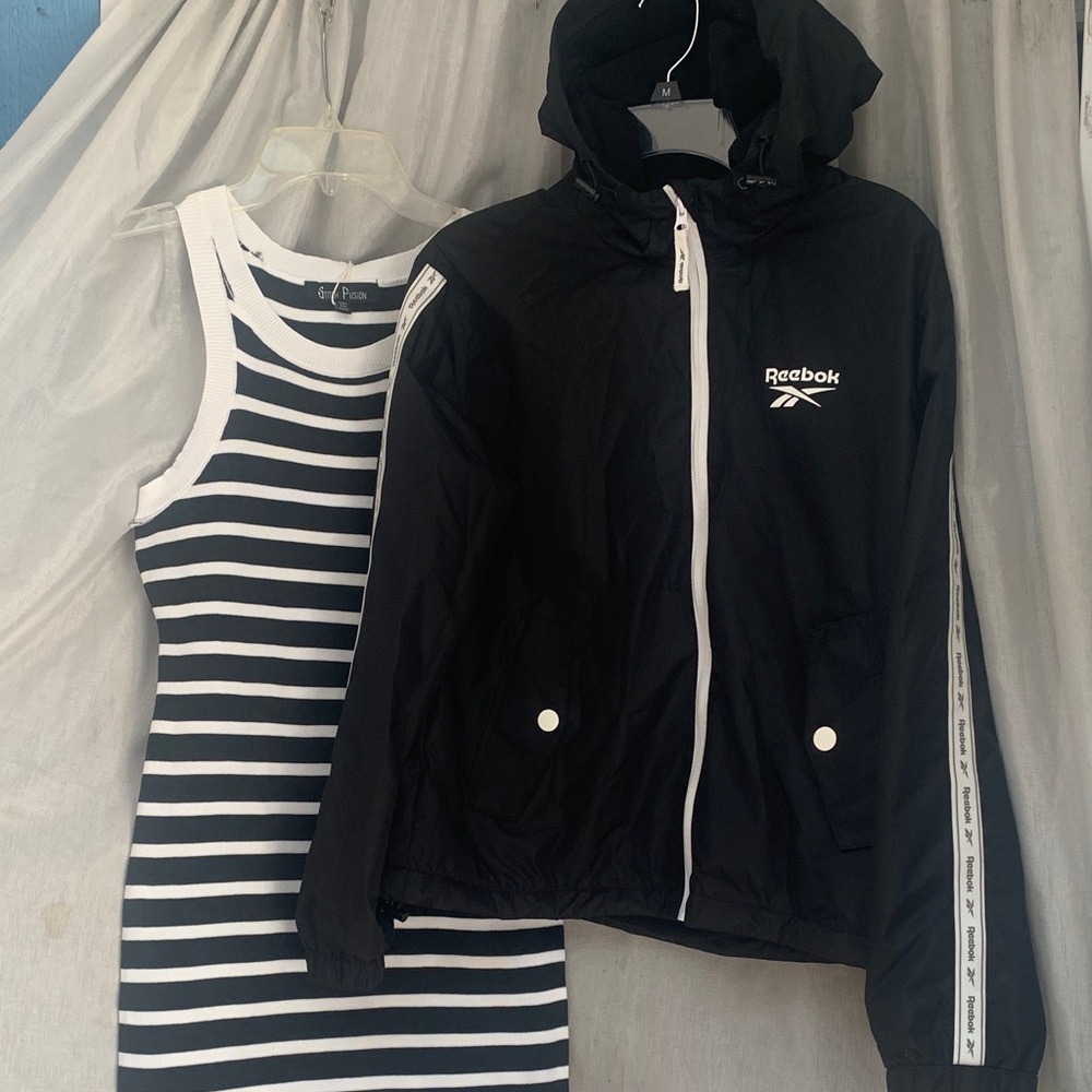 Reebok Black and White Hooded Windbreaker Jacket
